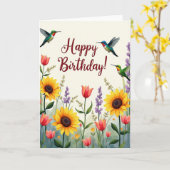 Carte de scène d'anniversaire d'oiseaux bijoux (Fleur jaune)