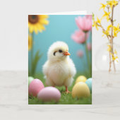 Carte de scène de poussin printanier mignon (Fleur jaune)