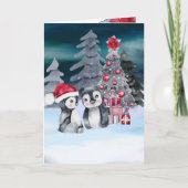 Carte de scène de sapin de Noël de pingouin (Devant)
