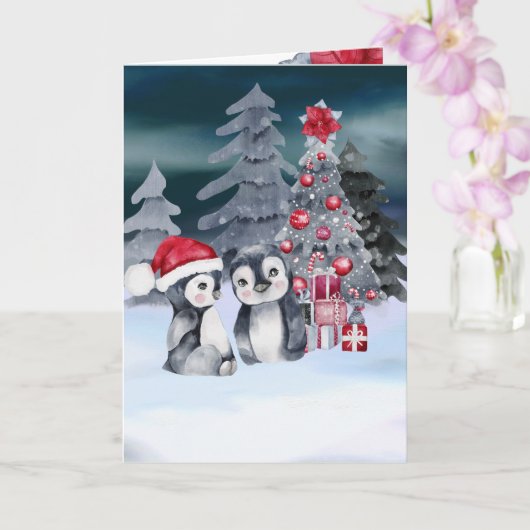 Carte de scène de sapin de Noël de pingouin (Orchidée)