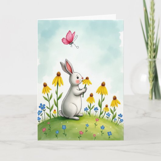 Carte de scène mignonne avec lapin et fleurs (Devant)