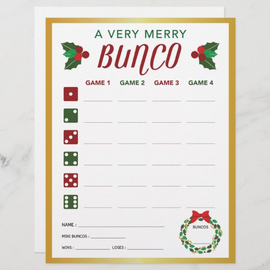 Carte de score du match de Noël Bunco (Devant / Derrière)