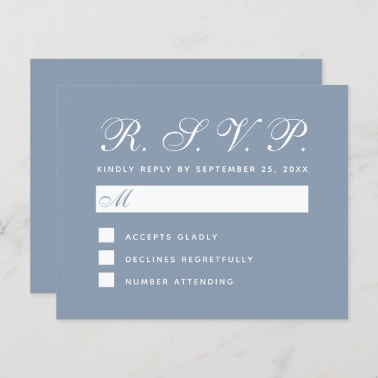 Carte de script blanc simple RSVP Dusty Blue Budge (Devant / Derrière)