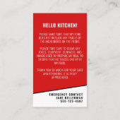 Carte de sécurité de cuisine pour allergie aliment (Dos)