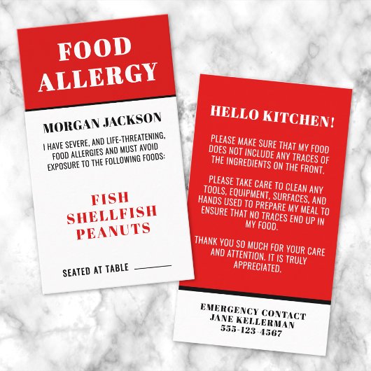 Carte de sécurité de cuisine pour allergie aliment