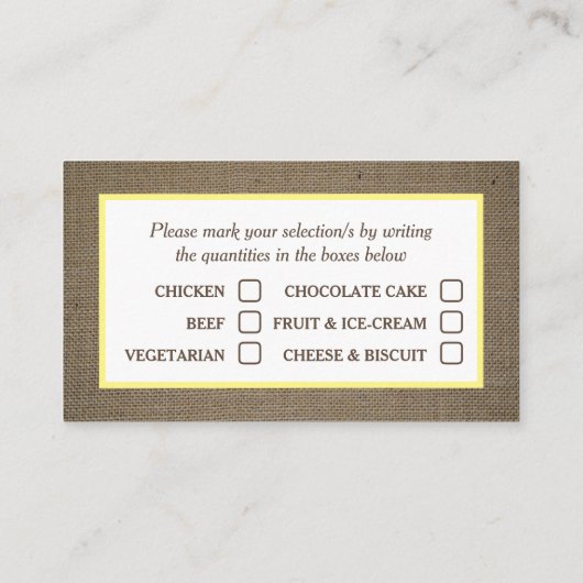 Carte de sélection du menu Dollar et Burlap (Dos)