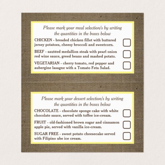 Carte de sélection du menu Dollar et Burlap (Intérieur déplié)