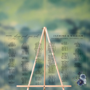 Carte de siège alphabétique floral bleu et marine 