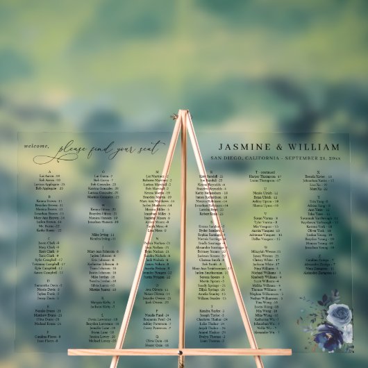 Carte de siège alphabétique floral bleu et marine  (Neutre)