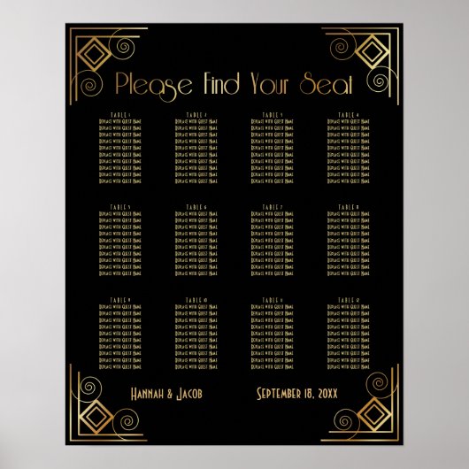 Carte de siège Art déco noir et or (Devant)