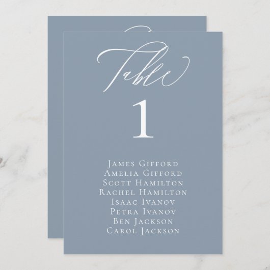 Carte de siège de table Dusty Blue Calligraphy (Devant / Derrière)