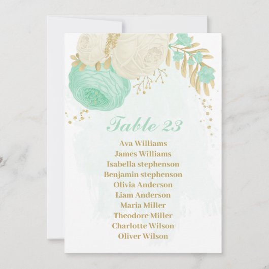 carte de siège en or vert menthe et fleurs blanche (Devant)