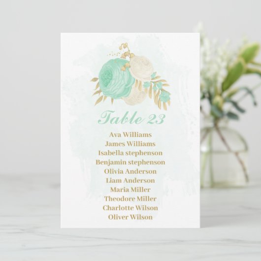 carte de siège en or vert menthe et fleurs blanche (Debout devant)