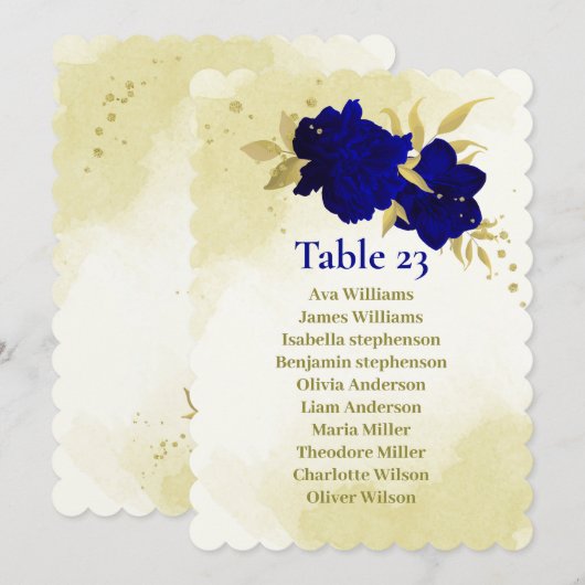 Carte de siège feuille Royal bleu fleurs or (Devant / Derrière)