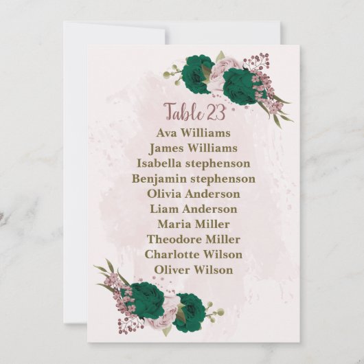 carte de siège fleurs rose vert émeraude (Devant)