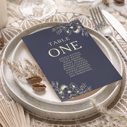 Carte de siège Mariage floral bleu marine