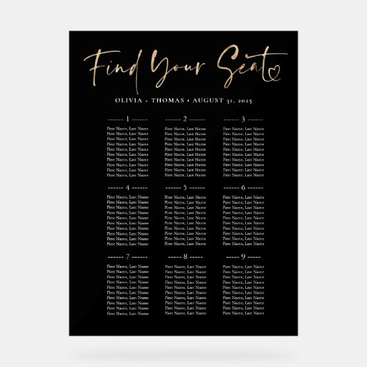 Carte de siège Mariage moderne Gold & Black (Recto)