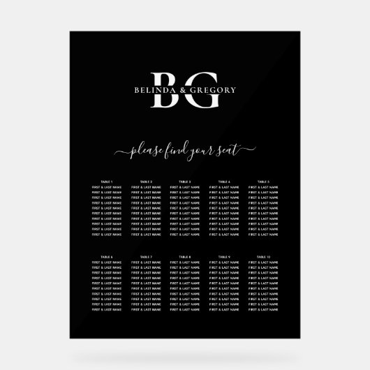 Carte de siège Mariage Monogramme noir et blanc (Recto)