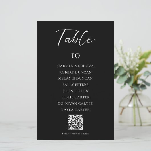 Carte de siège Mariage noir QR Code Menu (Debout devant)