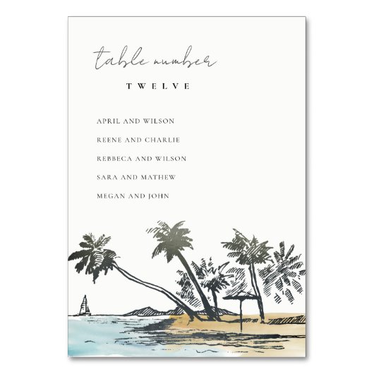 Carte de siège Mariage Tropical Beach Palm Sketch (Par défaut)