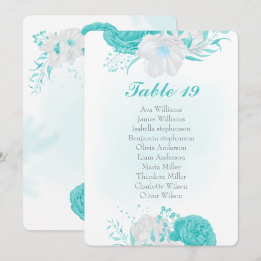 carte de sièges fleurs blanches turquoise (Devant / Derrière)