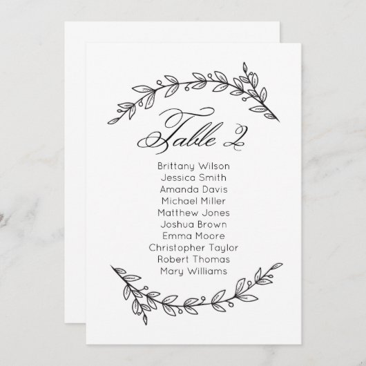 Carte de sièges mariage simple fleurie. Tableau 2 (Devant / Derrière)