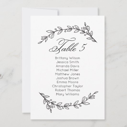 Carte de sièges mariage simple fleurie. Tableau 5 (Devant)