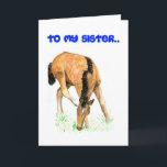 Carte de Sister<br><div class="desc">A Birthday Card for a sister with a foal design on the front,  from a watercolor painting by Judy Adamson. Joyeux anniversaire. Alors lac matching venin et apparel.</div>