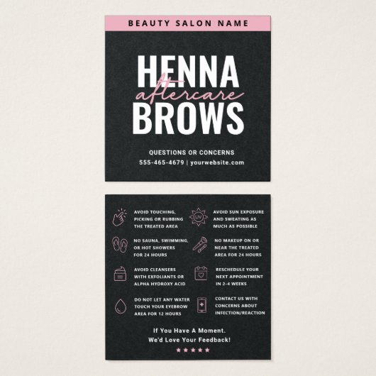 Carte de soins Premium Carré rose noir Henna Brows (Devant & derrière)