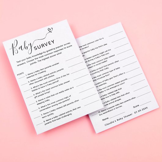 Carte de sondage baby shower Game Trivia