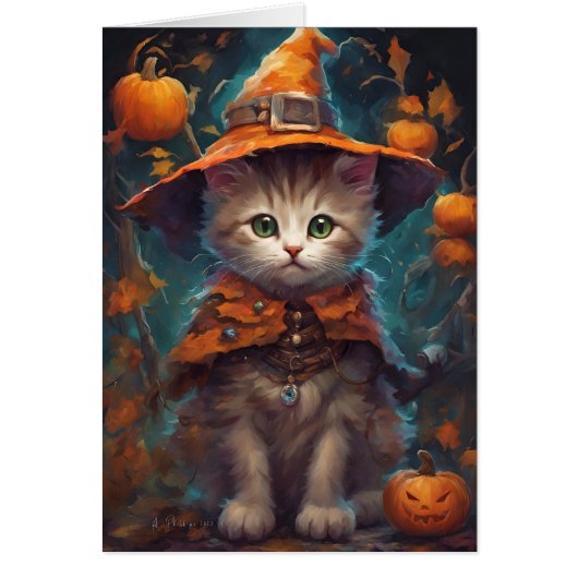 Carte de sorcière chaton d'Halloween douce (Devant)