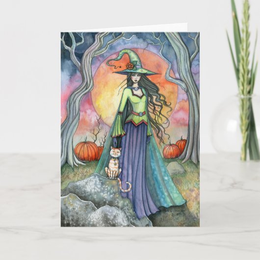 Carte de sorcière de Halloween avec chat et citrou (Devant)