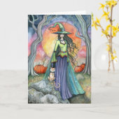 Carte de sorcière de Halloween avec chat et citrou (Fleur jaune)