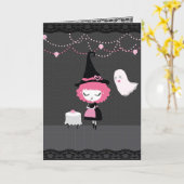 Carte de sorcière rose pour Halloween (ou annivers (Fleur jaune)