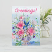 Carte de souhaits joyeux rose floral (Debout devant)