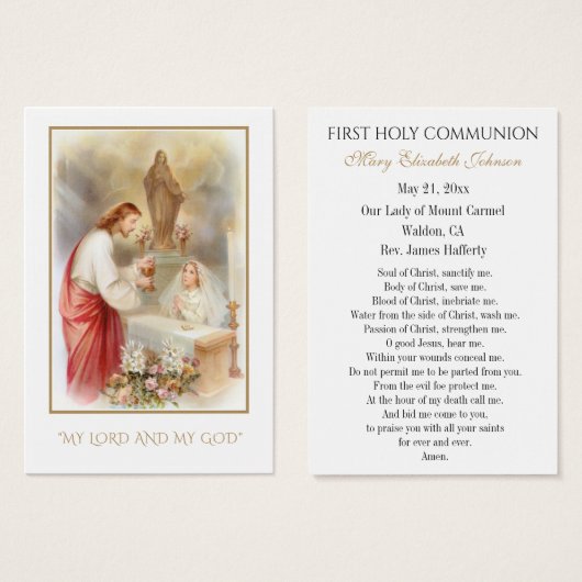 Carte de souvenir catholique de communion de jeune (Devant & derrière)