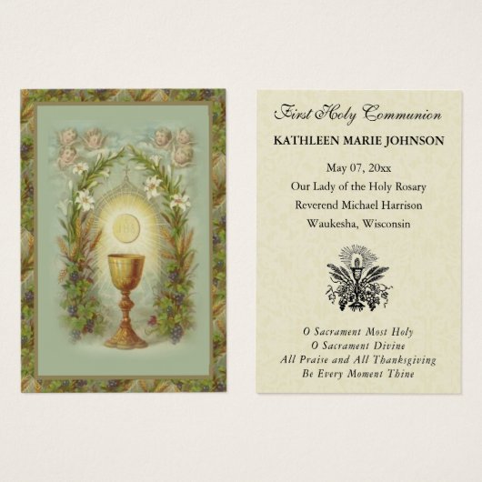 Carte de souvenir catholique de première communion (Devant & derrière)