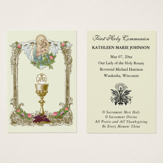 Carte de souvenir de première communion catholique (Devant & derrière)
