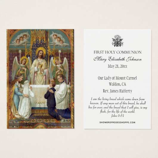 Carte de souvenir de première communion catholique (Devant & derrière)