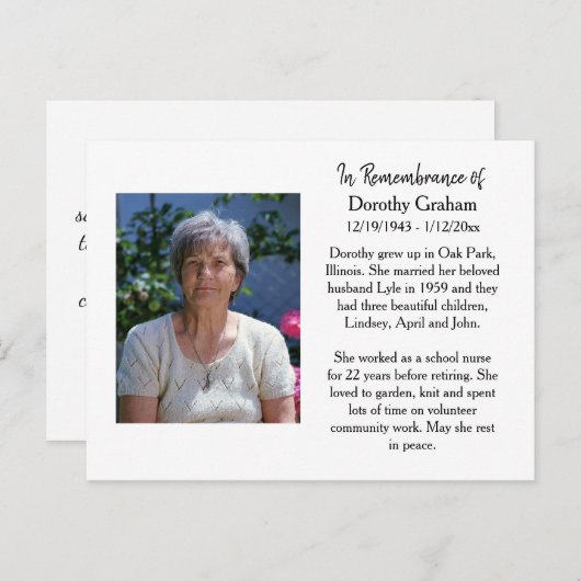 Carte de souvenir pour funérailles ou souvenir com (Devant / Derrière)