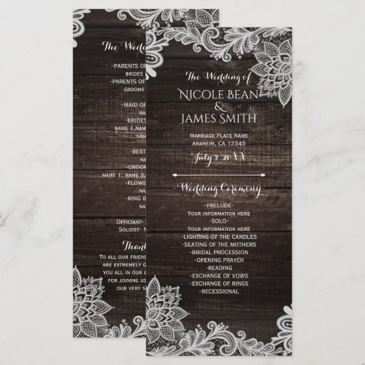 Carte de support de programme de mariage en bois r (Devant / Derrière)