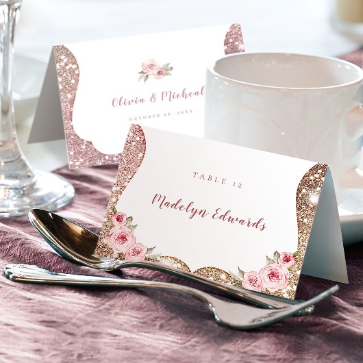 Carte de table à paillettes rose gold et fleurs
