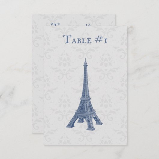 Carte de table Blue Eiffel Tower Mariage damassé (Devant / Derrière)