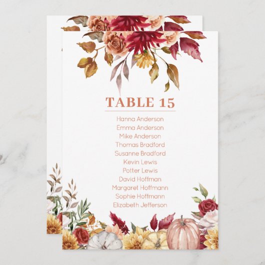 Carte de table Citrouille des fleurs d'automne (Devant / Derrière)