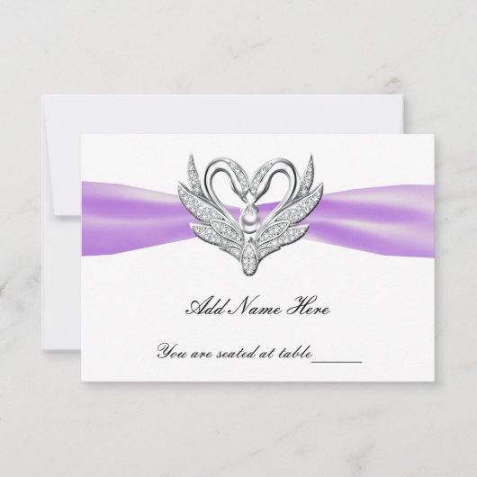 Carte de table Cygnes argent Ruban violet (Devant)