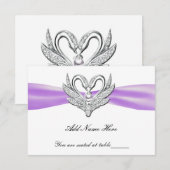Carte de table Cygnes argent Ruban violet (Devant / Derrière)
