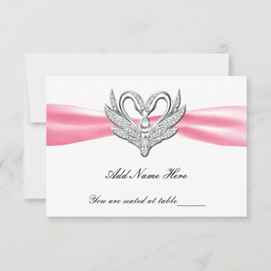 Carte de table Cygnes argentés Ruban rose (Devant)
