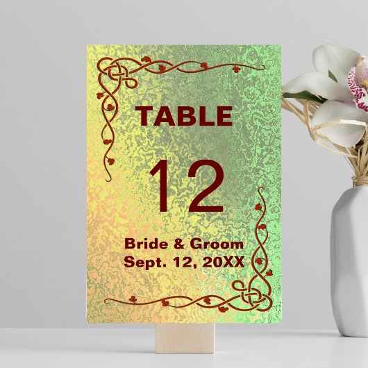 Carte de table de mariage aux teintes vert jaune d