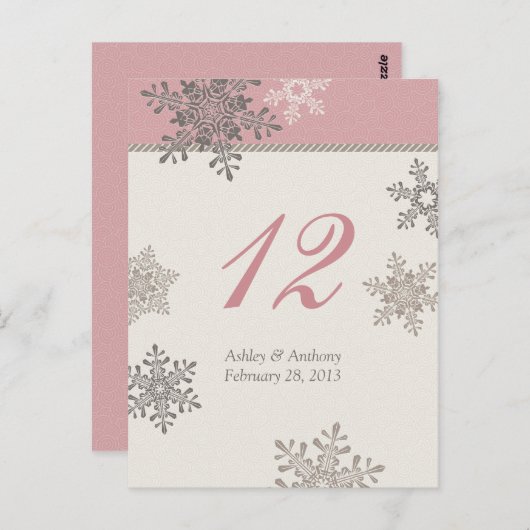 Carte de table de mariage d'hiver Pink Ivory Snowf (Devant / Derrière)