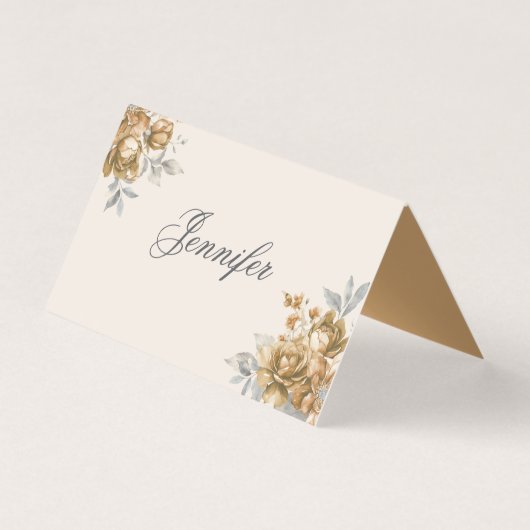 Carte de Table de Mariage Élégante Fleurs Or avec (Front)
